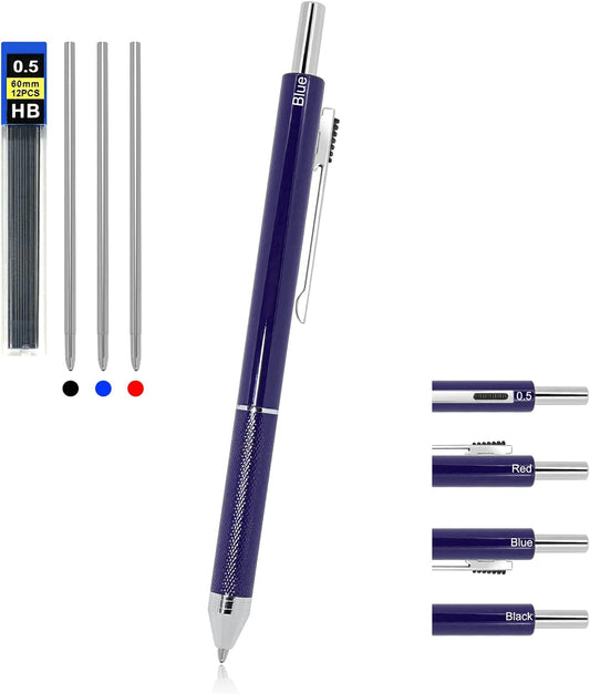 YOUMI 멀티컬러 펜 4 in 1 다기능 펜, 금속 케이스 0.5mm 샤프 레드 볼펜, 블루 볼펜 및 블랙 볼펜, 저널링용 선물 (블루)