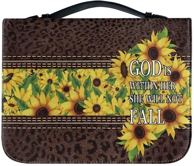Lotusorchid PU Leather Bible Bag for Women with Inspiring Bible Verses, Sunflower Leopard Print Bible Cover Women Girls, Sturdy Bible Book Carrying Bags Christian Bible Study Accessories, 2XL