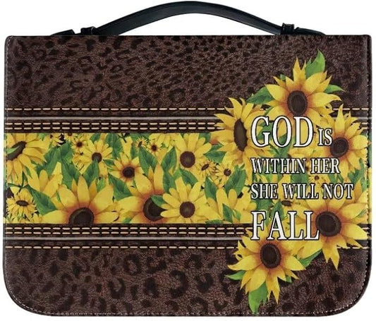Lotusorchid PU Leather Bible Bag for Women with Inspiring Bible Verses, Sunflower Leopard Print Bible Cover Women Girls, Sturdy Bible Book Carrying Bags Christian Bible Study Accessories, 2XL