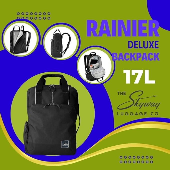 Skyway Luggage Rainier Deluxe Backpack, Eco-Friendly, Made of 100% rPET Travel Laptop Bag for Women & Men, Flight Approved Carry On Backpack, 17L, Crater Black