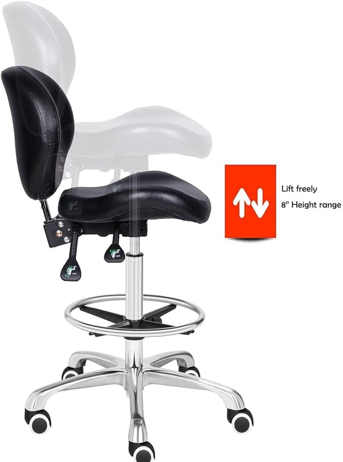 Kaleurrier Adjustable Stools Drafting Chair with Backrest & Foot Rest Drafting Stool Swivel Seat Rolling Wheels for Studio Dental Office Salon Counter Home Desk Chairs (Black)