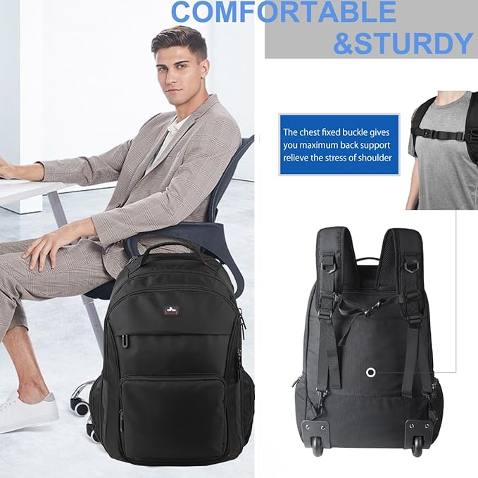 Rolling Backpack for Laptop 15.6 inch, Waterproof Travel Bag with Wheels, Business Carry on Luggage, Multi-compartments, Adjustable Aluminum Telescopic Handle, Black