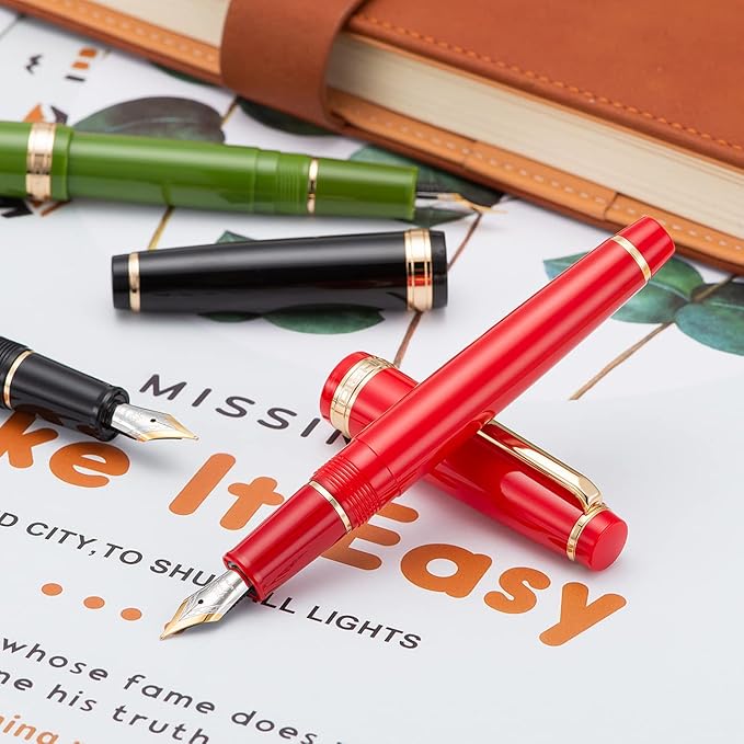 Jinhao 82 Black Acrylic Fountain Pen, Iridium Fine Nib Classic Design Smooth Writing Pen with Ink Converter (Gold Trim)