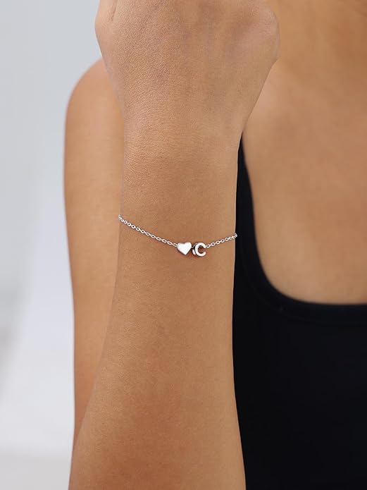 Silvora 925 Sterling Silver Dainty Initial Bracelet with Heart - 6.3" + 2" Adjustable Personalized 26 Letter Bracelet Jewelry Heart Bracelet for Women
