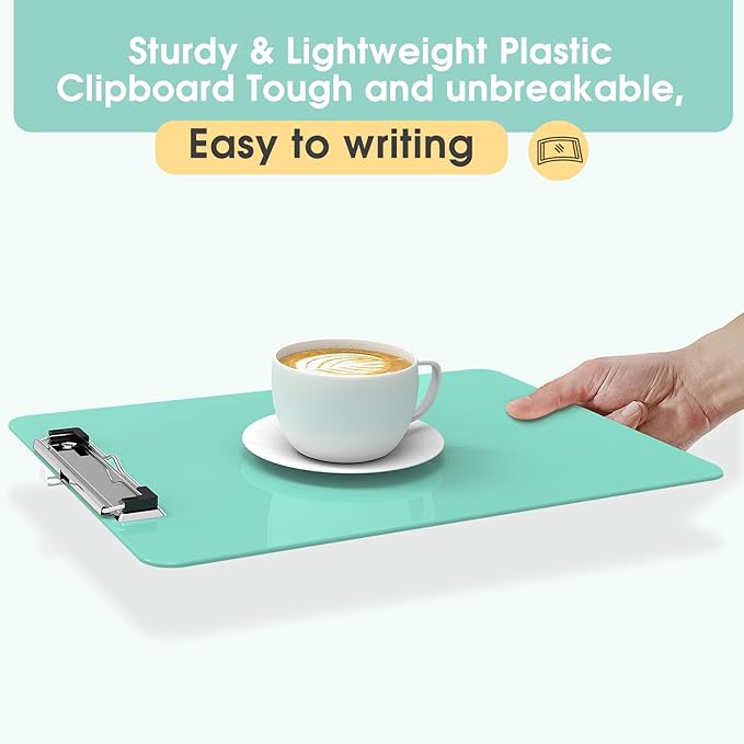 Plastic Clipboards 6 Pack, A4 Teal Clip Board 8.5x11 for Classroom, Students, Kid, Woman, Size 9" x 12.5" with Low Profile Clip, Office & School Supply