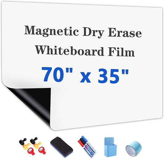 Magnetic White Board Film, 70" x 35" Dry Erase Board for Wall, Self Adhesive Whiteboard Paper Set for Office, Conference Room, Classroom, Home, Include Marker, Magnetic Eraser and Magnets