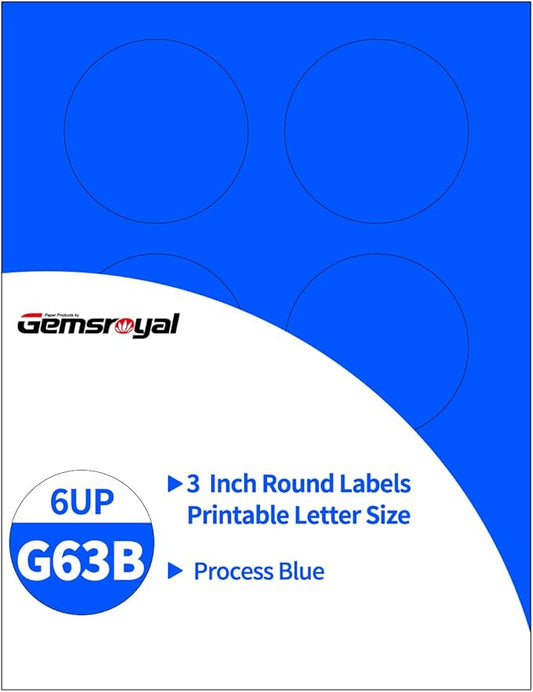 3 Inch Process Blue Round Labels,20 Sheets,6 Stickers per Sheet, 3 Inch Blue Color Coding Labels for Laser/Inkjet Printers,Colorful Dot Stickers 3" Diameter,Letter Size