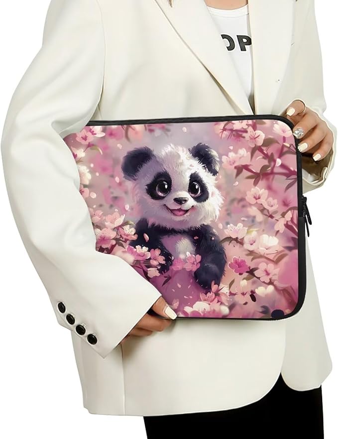 Panda Cherry Blossom Printed Computer Case Bag for Girls Boys, Washable 10 Inch Laptop Bag Carrying Case Laptop Briefcase Neoprene with Zipper, Compatible with Various Computers, Pink