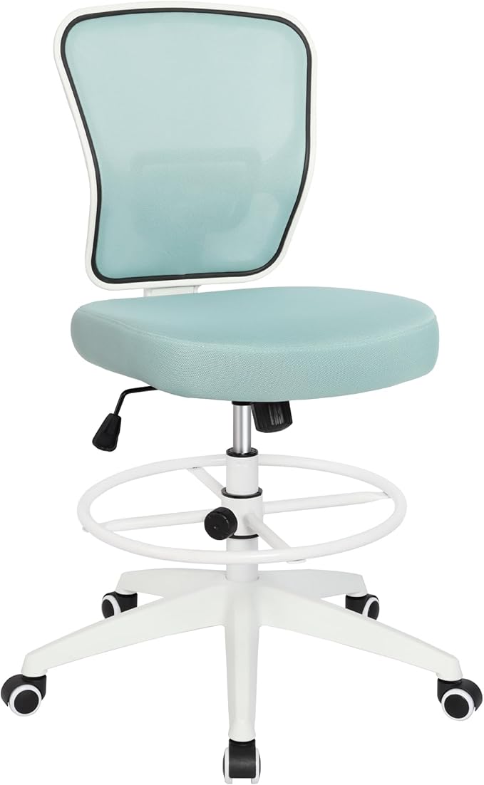 Drafting Chair Adjustable Height Tall Office Chairs Standing Desk Chair Rolling Stool Chair Armless Office Drafting Chair Blue