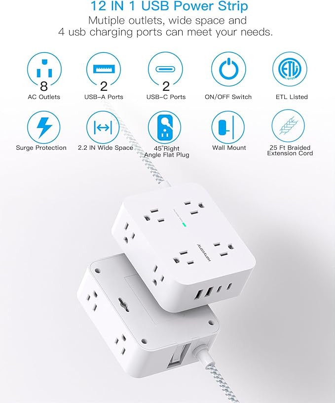 Extension Cord 25 Ft, Surge Protector Power Strip with 8 Outlets 4 USB Ports(2 USB C), Long Cord, Wall Mount, Desk USB Charging Station for Home Office College Dorm Room Essentials