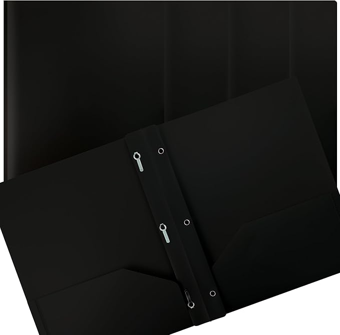 Better Office Products Black Plastic 2 Pocket Folders with Prongs, Heavyweight, Letter Size Poly Folders, 24 Pack, with 3 Metal Prongs Fastener Clips, Black