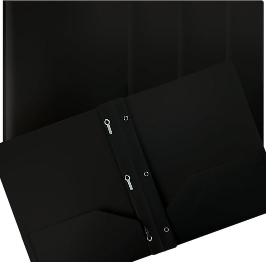Better Office Products Black Plastic 2 Pocket Folders with Prongs, Heavyweight, Letter Size Poly Folders, 24 Pack, with 3 Metal Prongs Fastener Clips, Black
