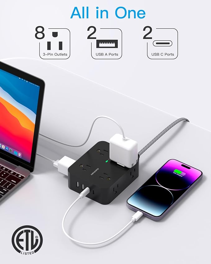 Extension Cord 6 Feet, Surge Protector Power Strip Long Cord with 8 Outlets 4 USB Ports(2 USB C), Wall Mount, 1080J Surge Protection, Desk Charging Station for for Home, Office, Dorm Room Essentials