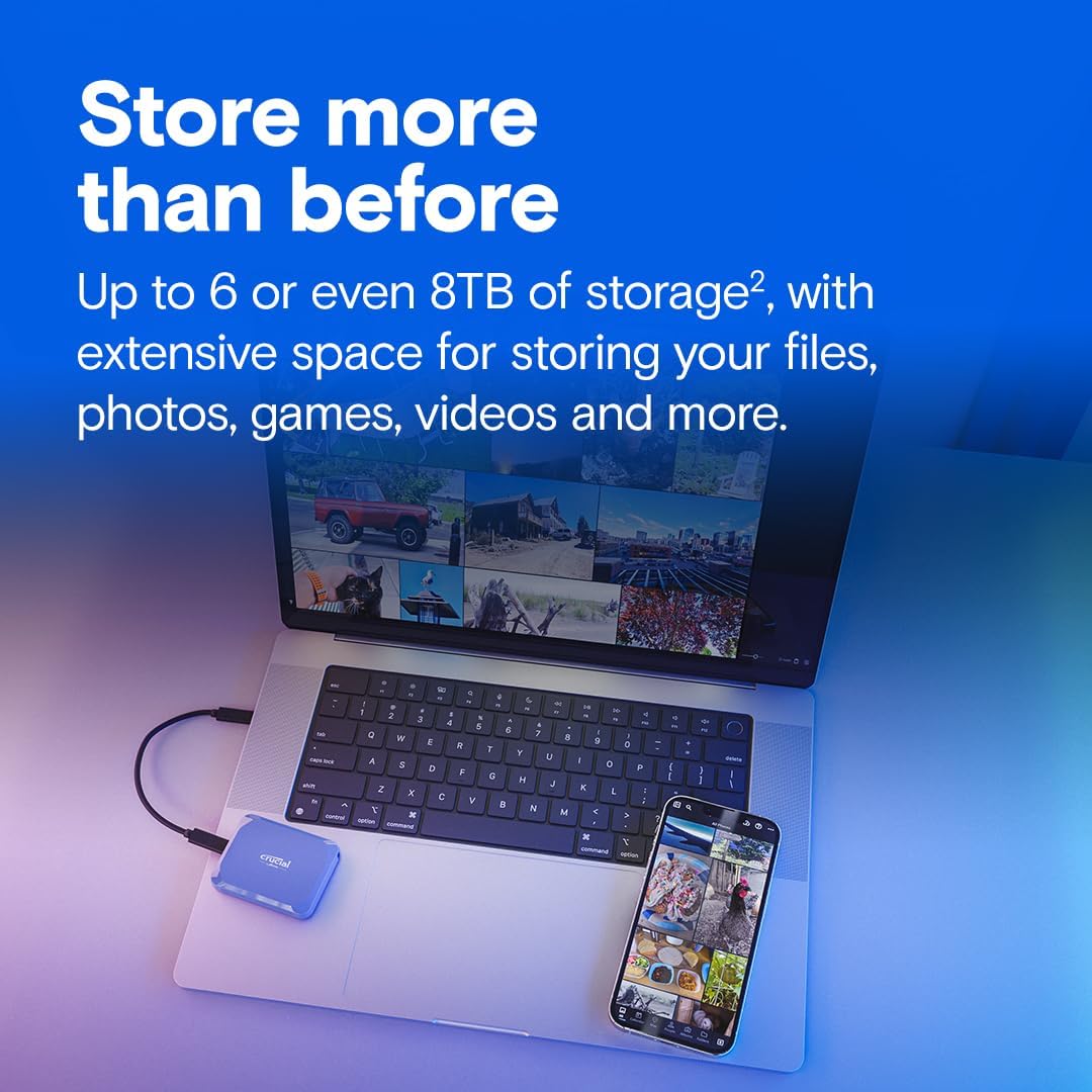 Crucial X10 8TB Portable SSD, Up to 2,100MB/s, USB 3.2 USB-C, External Solid State Drive, Compatible with Windows, Mac & Android, Durable Storage for Games, Photos & Files, Blue - CT8000X10SSD9-02