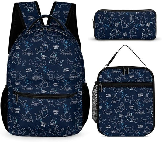 3PCS 17" Shark Backpack, Shoulders Backpack with Insulated Lunch Bag Durable Shark Laptop Bag Daypack with Multiple Pockets (Shark)