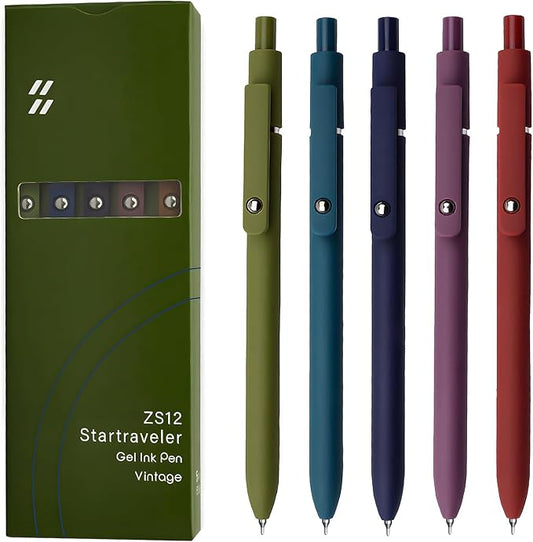 UIXJODO Gel Pens, 5 Pcs 0.5mm Black Ink Pens Fine Point Smooth Writing Pens with Silicone Grip, High-End Series Metal Clip Retractable Pens for Journaling Note Taking (Vintage)