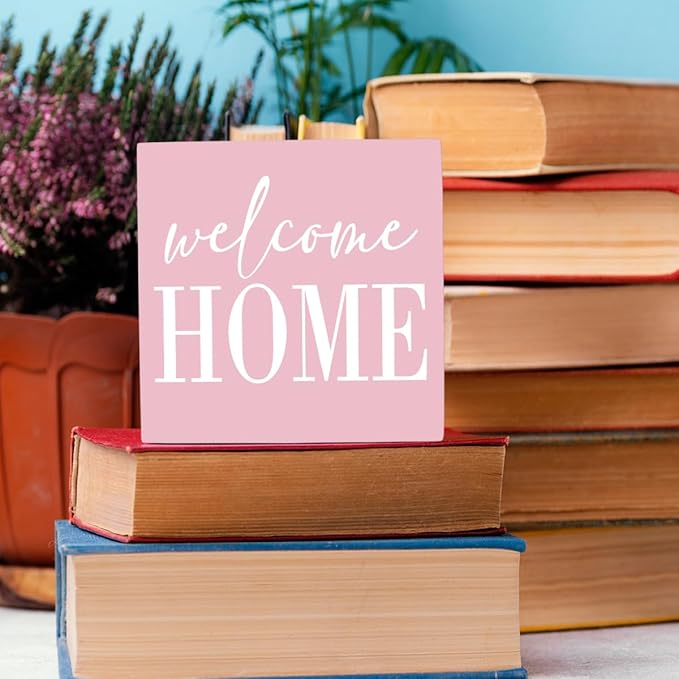Welcome Home Sign Home Decor Desk Decor Wooden Box Sign Rustic Pink Wood Block Plaque Box Sign for Women Family Friends Farmhouse Living Room Kitchen Bedroom Shelf Table Decoration