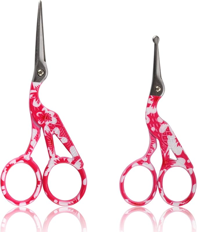 Stork Bird Rounded Safety Tip Embroidery Craft Stainless Steel Crane Scissors - Red - 2 Pairs