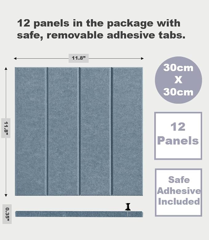 Large Cork Board Alternative - 12-Pack Felt Wall Tiles with Safe Removable Adhesive Tabs, Cork Wall Tiles Bulletin Board Home Office Essentials - Gray Blue