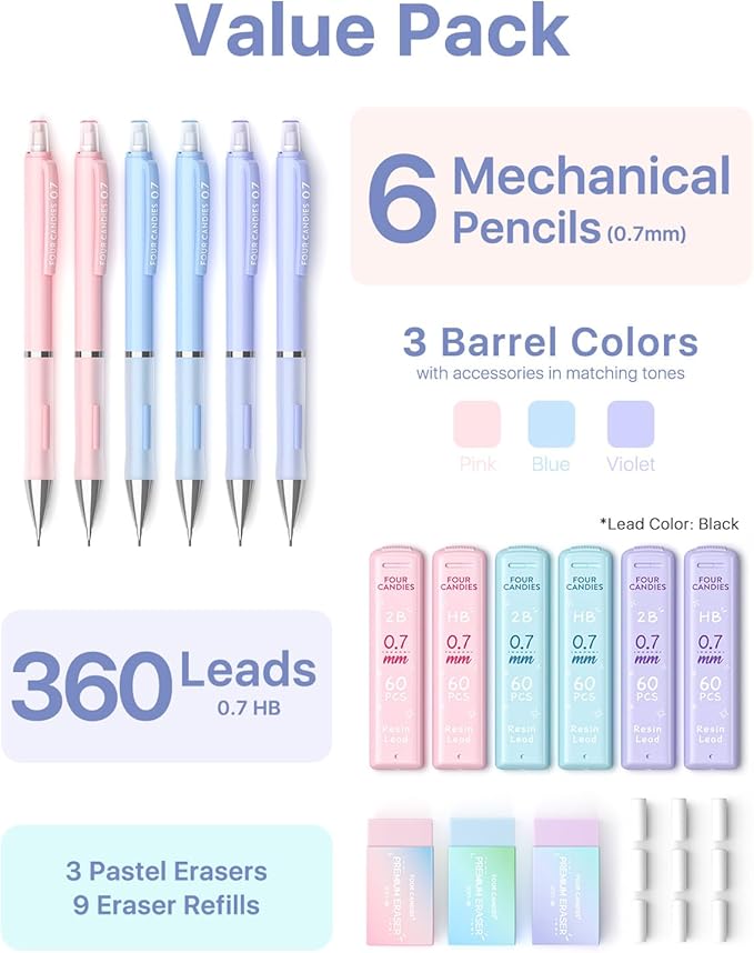 Four Candies 0.7mm Mechanical Pencil Set - 6PCS Cute Pencils with 360PCS HB & 2B Lead Refills, 3PCS Pastel Erasers and 9PCS Eraser Refills, Aesthetic School Supplies for Student Writing Drawing