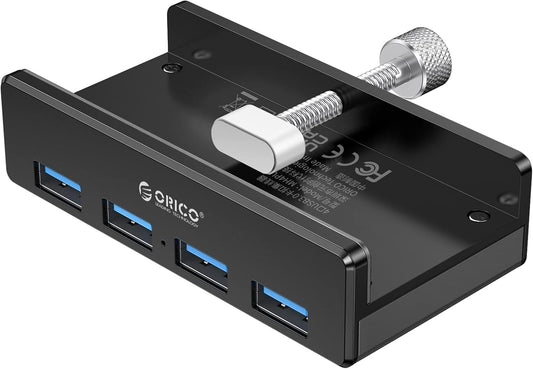 ORICO USB 3.0 Hub, USB Hub Clamp, Aluminum 4-Port USB Splitter with 4.92 FT USB Data Cable, Desktop Powered USB Hub for Monitors/Desks-Black (Without Power Adapter)