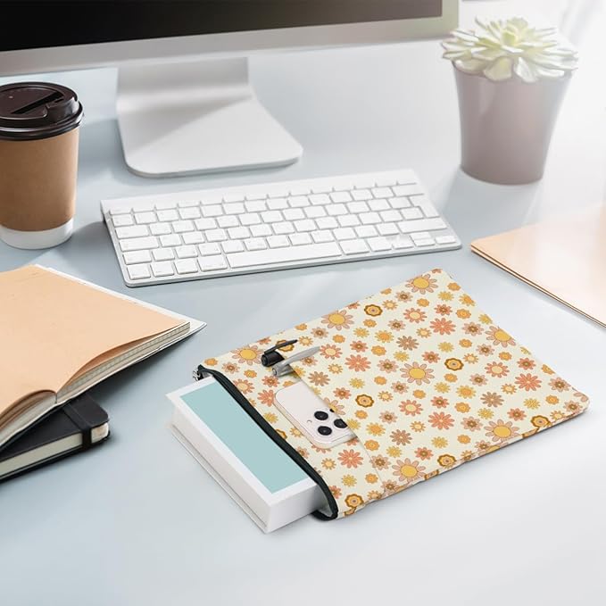 Retro Floral Pattern Book Lovers Gifts Waterproof Book Sleeve Book Pouch Book Protector with Zipper and Front Pocket BookCover Case for Women Girl Best Friend Sister Book Accessories Book Club Gifts