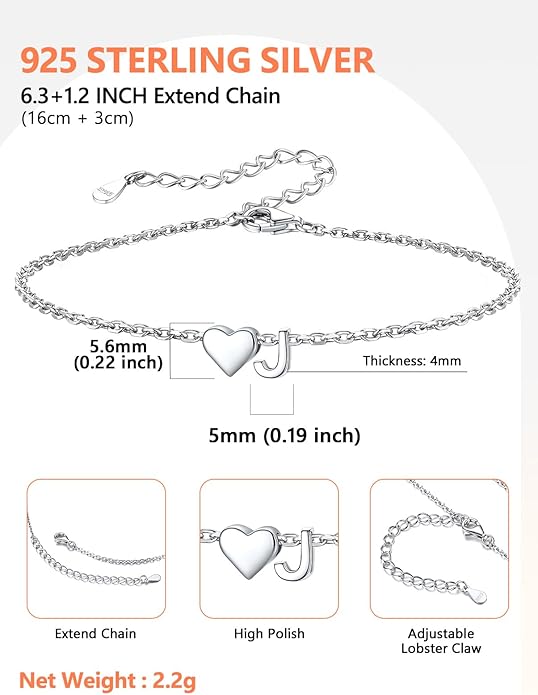 Silvora 925 Sterling Silver Dainty Initial Bracelet with Heart - 6.3" + 2" Adjustable Personalized 26 Letter Bracelet Jewelry Heart Bracelet for Women