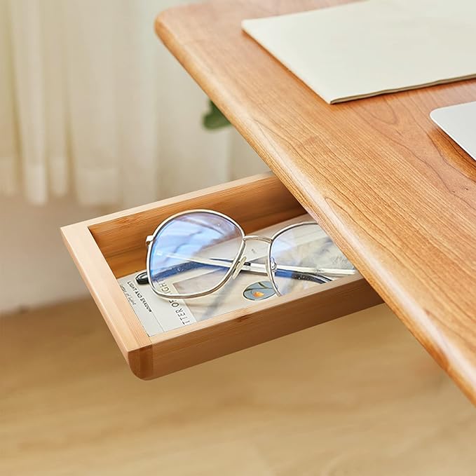 Under Desk Drawer Wood, Self-Adhesive Hidden Drawer Organizer Slide Out, Easy Installation Handmade Under Table Storage, Attachable Pencil Phone Holder For Office Home Classroom (Bamboo Big)