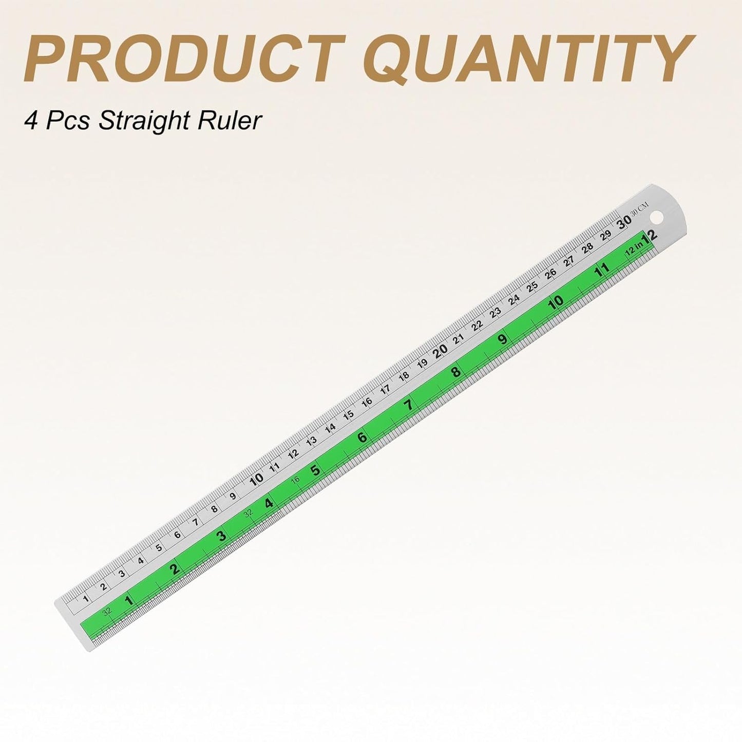 HARFINGTON 4pcs Metal Straight Ruler 30cm Metric SAE Aluminum Alloy Measuring Rulers Scale Tool with Hole for Measure Study Reading Classroom Office, Green