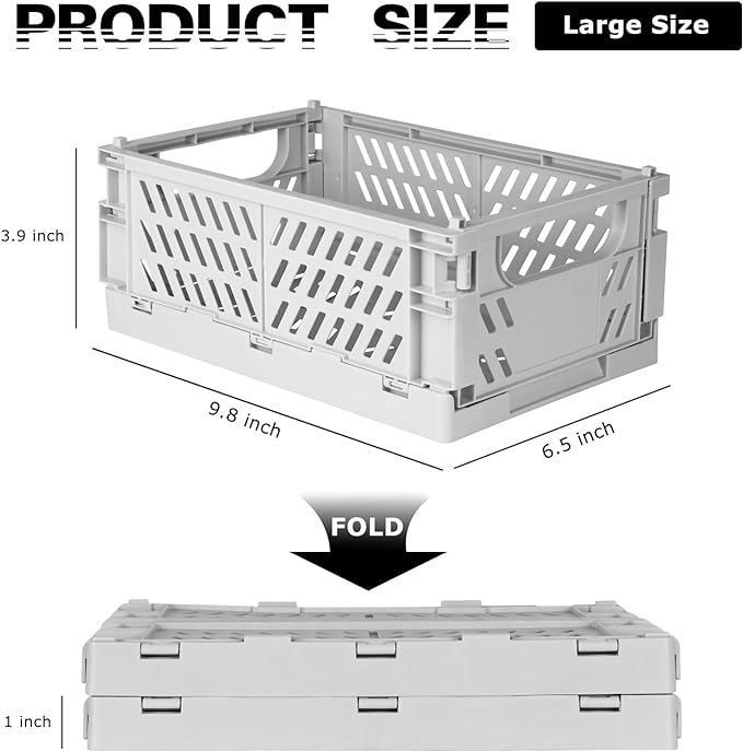 Tixill 2-Pack Mini Foldable Plastic Baskets for Organizing and Storage, Collapsible Storage Crate for Home Kitchen Bedroom Bathroom Office (9.8x6.5x3.8, Grey)