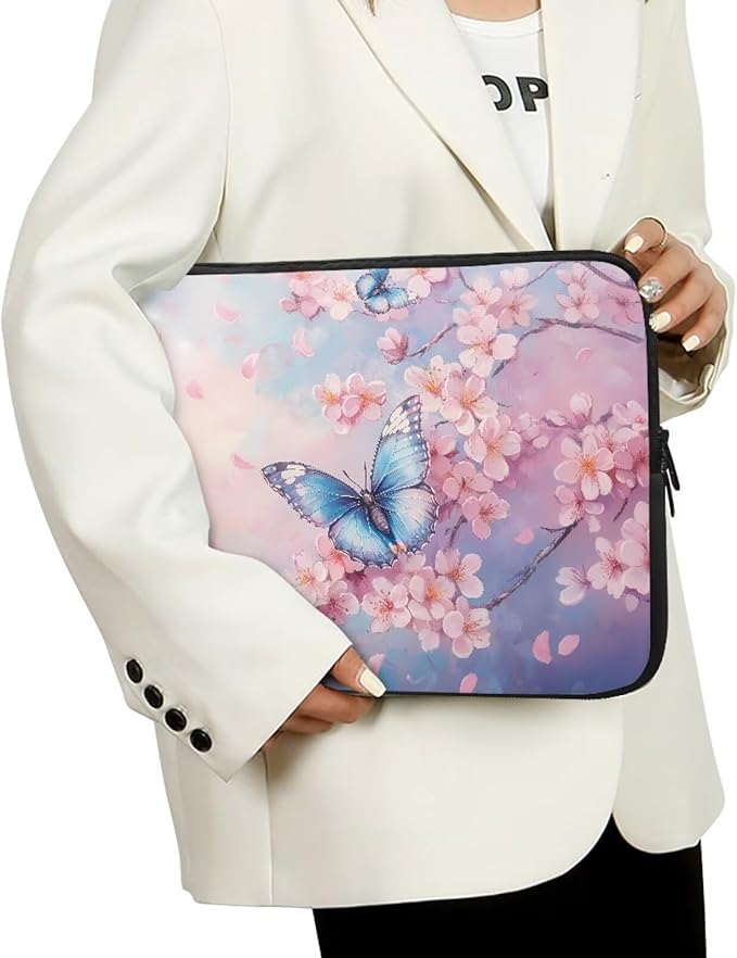 Butterfly Print Laptop Bag for Girls, 13 Inch Peach Blossom Laptop Sleeve Soft Laptop Case Bag for Girls, Waterproof Laptop Briefcase Computer Bag with Zipper