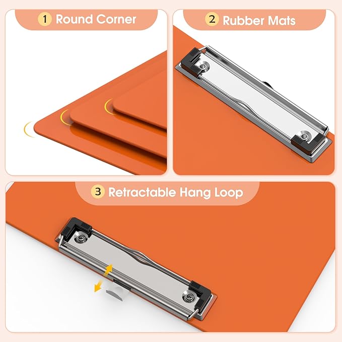 Plastic Clipboards, A4 Orange Clip Board 8.5x11 for Classroom, Students, Kid, Woman, Size 9" x 12.5" with Low Profile Clip, Office & School Supply
