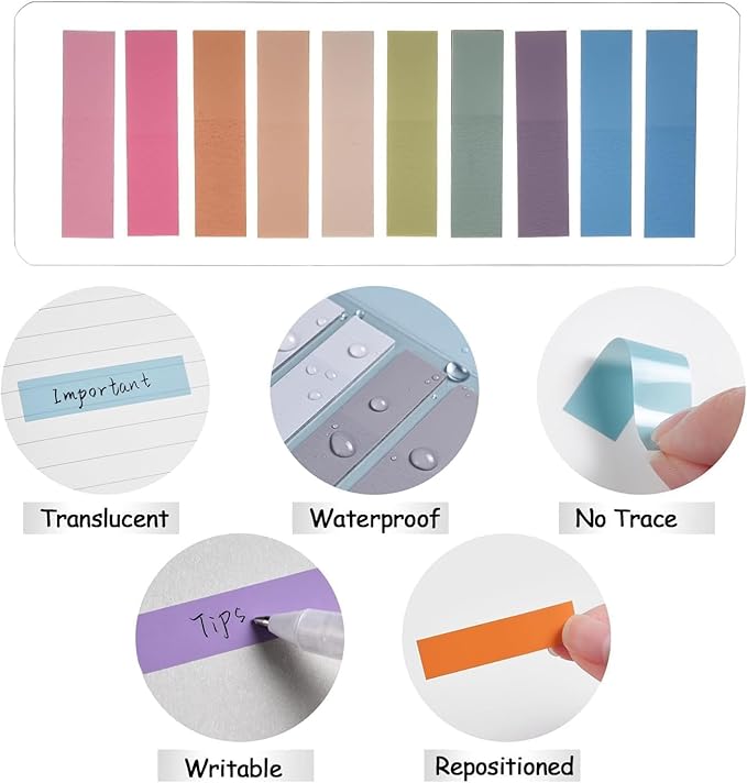 Lysas 1200pcs Page Markers, Morandi Sticky Note Tabs Colored Translucent Writable and Repositionable Book Flags Tabs Strip Index Page Tabs