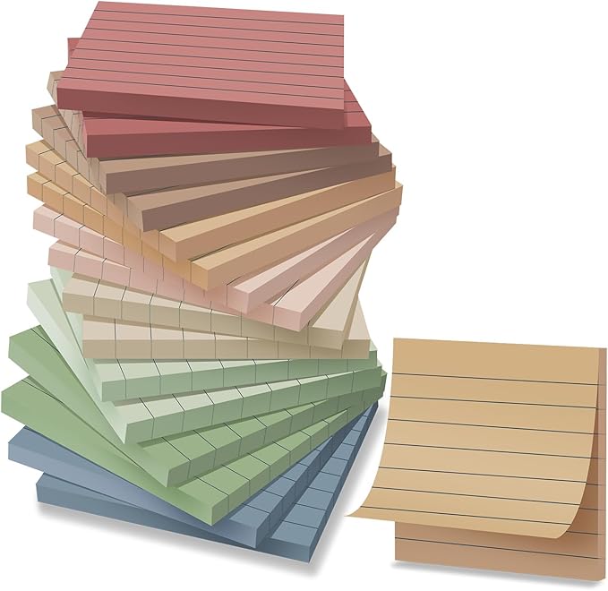(16 Pack) Lined Sticky Notes 3x3 in Post Ruled Stickies Super Sticking Power Memo Pads Vintage Colors
