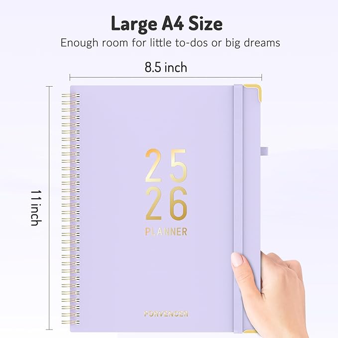 Forvencer Daily Planner 2025-2026, 18 Month Academic Planner, 8.5" x 11", Weekly and Monthly Planner, Jan 2025 - Jun 2026, Hardcover Day Planner, Spiral Agenda Book with Colorful Tabs, Office Home School Supplies, A4, Lavender Purple