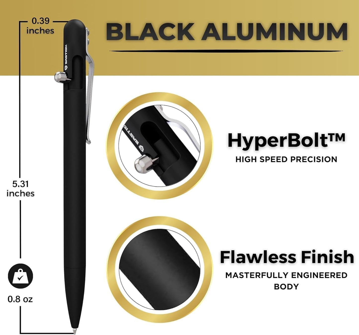 BASTION® Luxury Slim Bolt Action Pen, Lightweight Aluminum EDC Pen with Fine Tip, Professional Ballpoint Pen for School and Work - Black