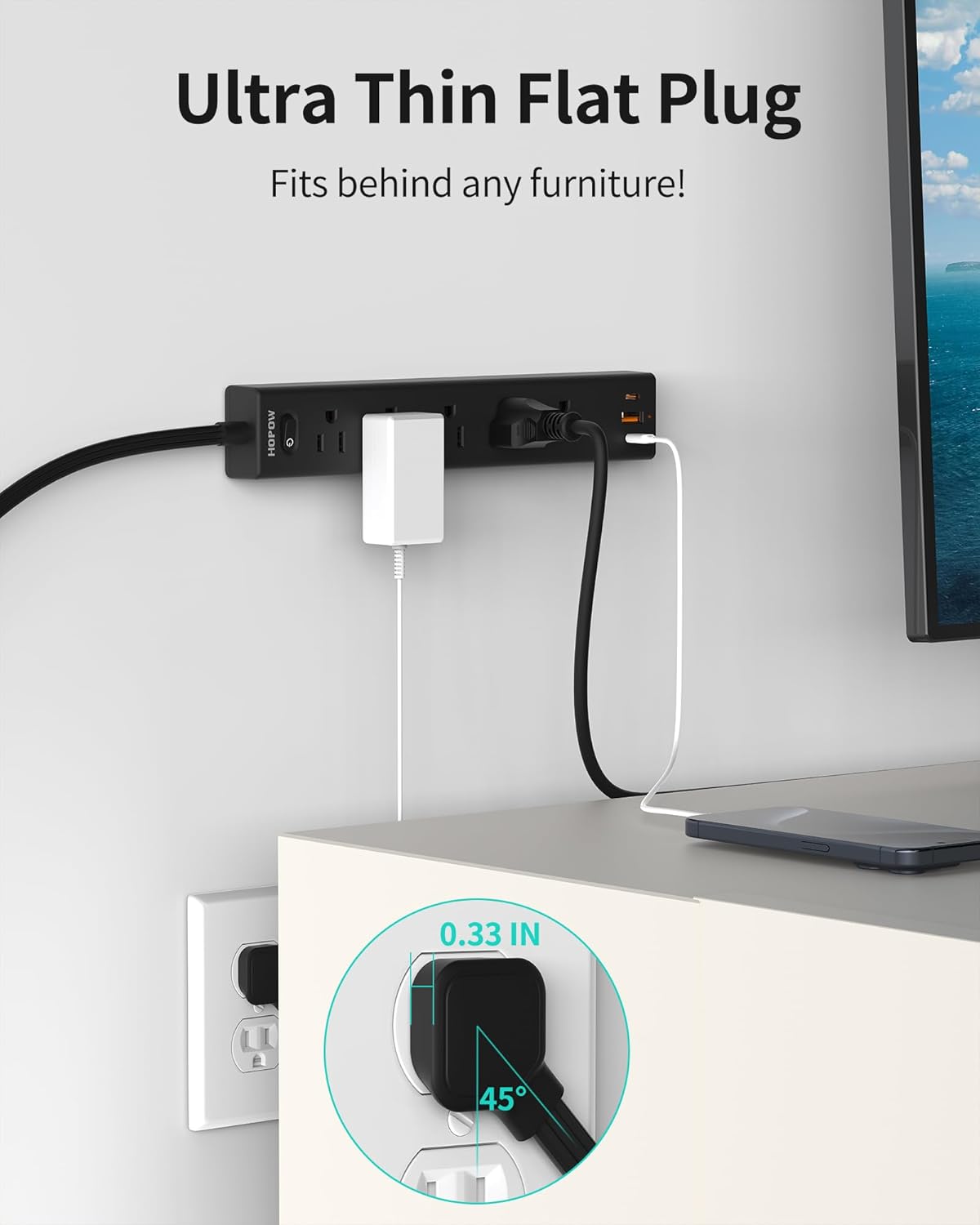 Flat Plug Power Strip, 15FT Ultra Thin Flat Extension Cord, Surge Protector with 5 Outlets & 3 USB Ports (2 USB C), 1700 Joules, 3-Prong, Wall Mount for Home Office Dorm, Black