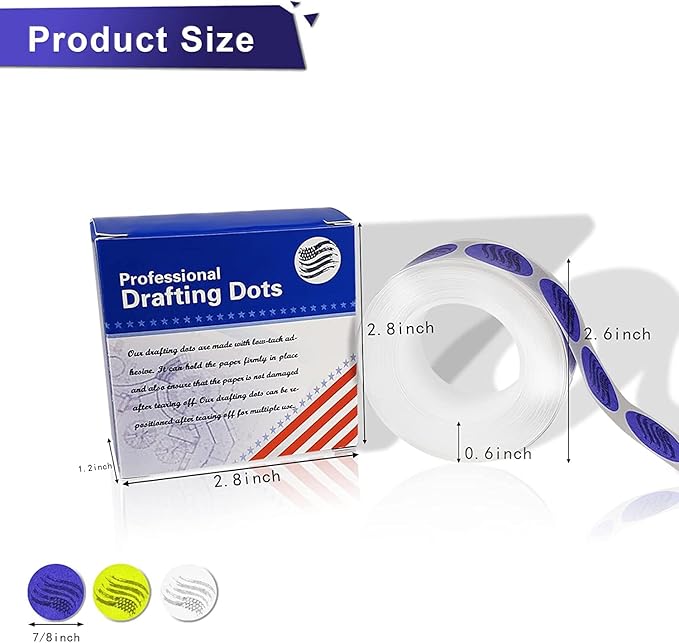 3 Pack Drafting Dots 7/8” Diameter, Low Tack, Easy Removal, Pre-Cut Drafting Tape Dots for Tracing, Drawing, Positioning, Roll of 500 Dots Per Box (Multicolored)