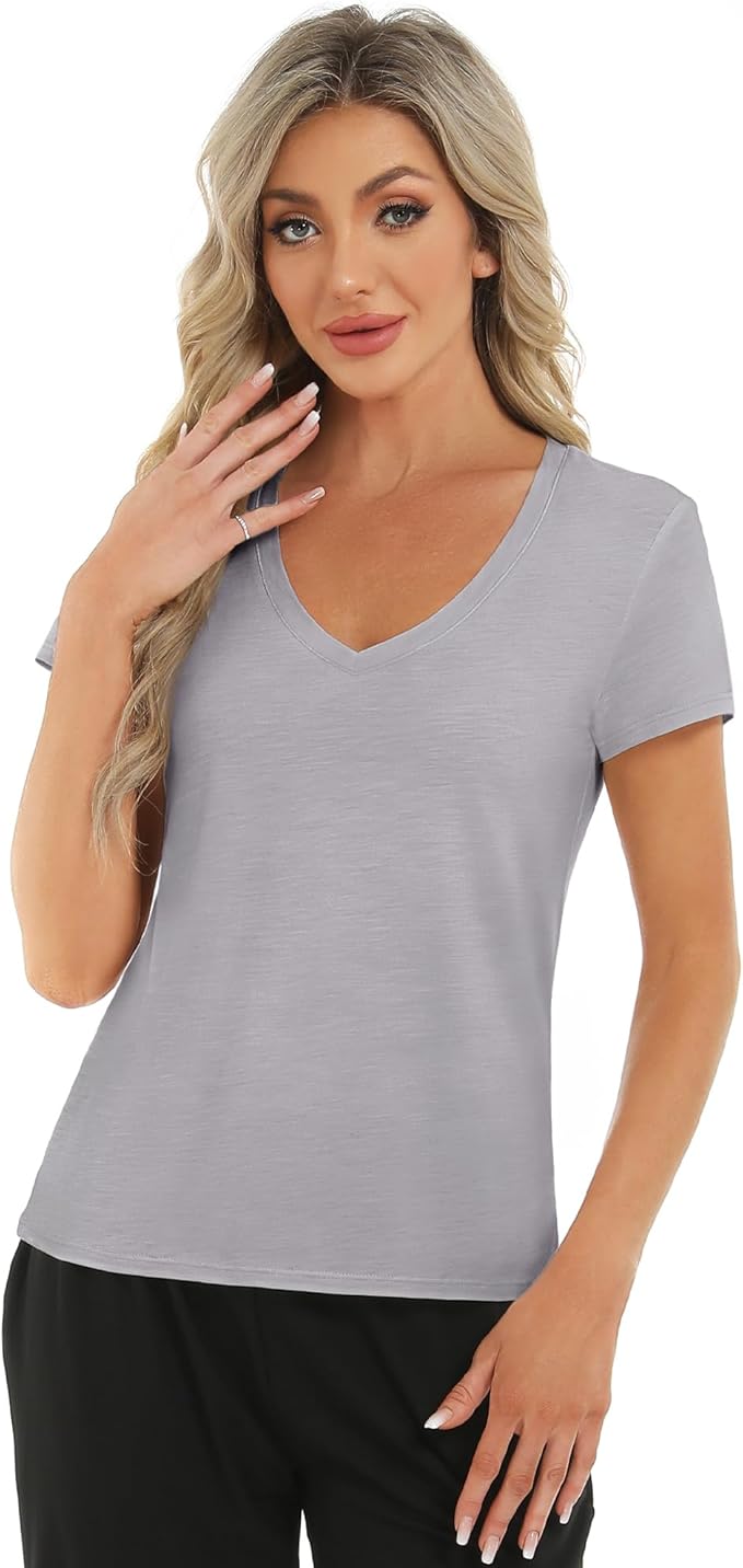 Stelle Womens T Shirts Short Sleeve V Neck Basic Tee Casual Loose Fit Tops Lightweight Soft Summer Outfits Clothes