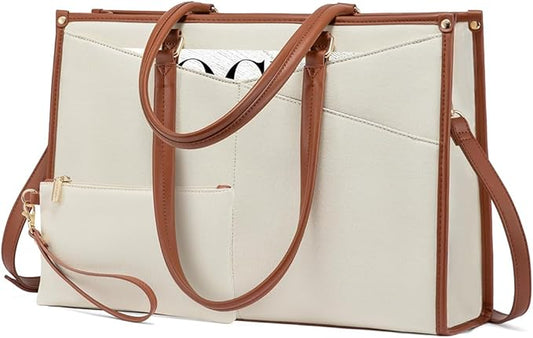LOVEVOOK Laptop Bag for Women, 15.6 inch Laptop Tote Work Bag Cancas Casual Handbag for Travel Lightweight Shoulder Bag,Brown Beige