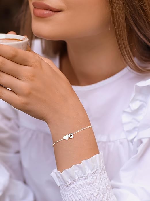 Silvora 925 Sterling Silver Dainty Initial Bracelet with Heart - 6.3" + 2" Adjustable Personalized 26 Letter Bracelet Jewelry Heart Bracelet for Women