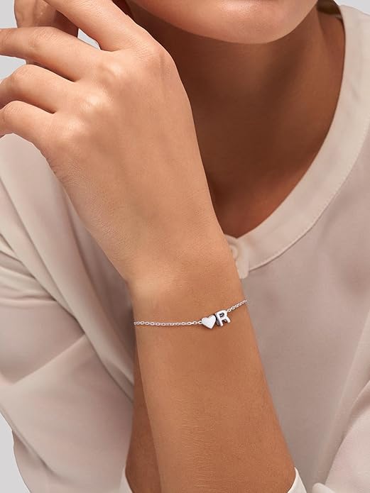 Silvora 925 Sterling Silver Dainty Initial Bracelet with Heart - 6.3" + 2" Adjustable Personalized 26 Letter Bracelet Jewelry Heart Bracelet for Women