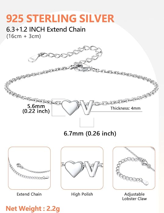 Silvora 925 Sterling Silver Dainty Initial Bracelet with Heart - 6.3" + 2" Adjustable Personalized 26 Letter Bracelet Jewelry Heart Bracelet for Women