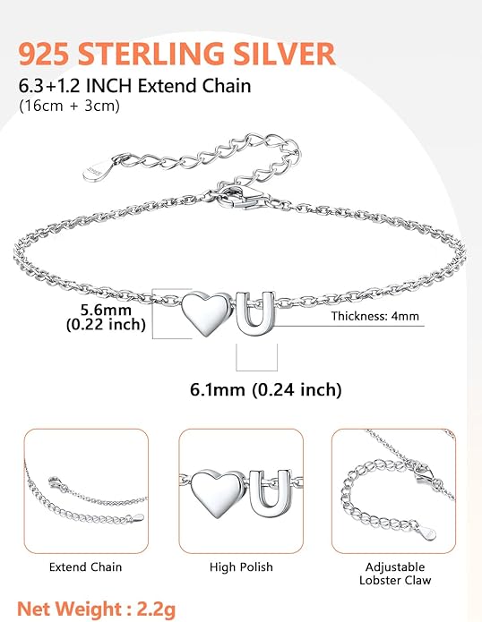 Silvora 925 Sterling Silver Dainty Initial Bracelet with Heart - 6.3" + 2" Adjustable Personalized 26 Letter Bracelet Jewelry Heart Bracelet for Women