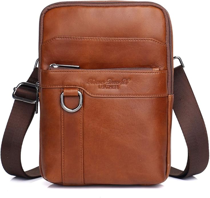Hebetag Small Leather Sling Shoulder Bag Messenger Pack for Men Women Outdoor Travel Business