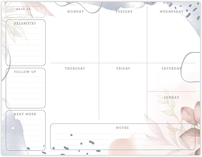 Global Printed Products 8.5" x 11" Horizontal to-Do List and Weekly Planning Pad, 60-Sheets, Soft Pink Floral