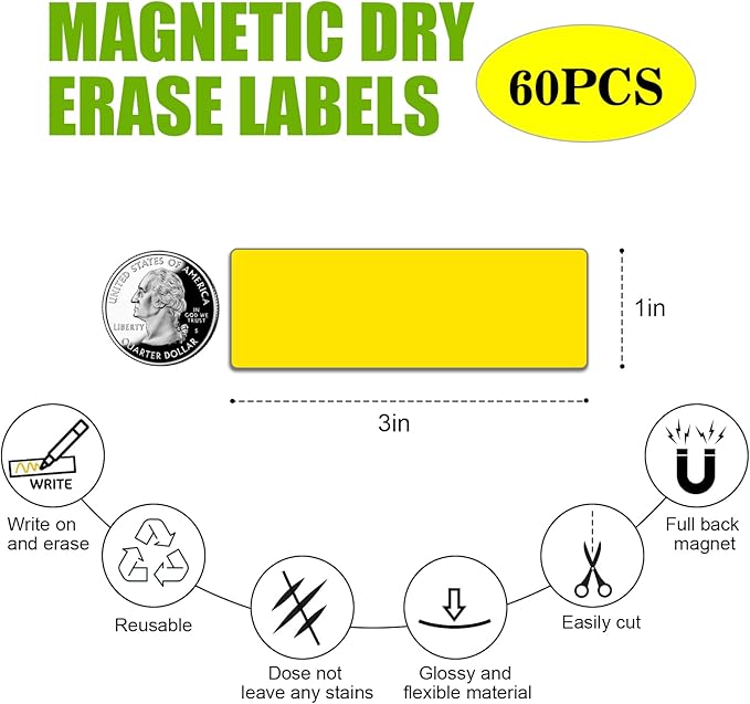 Dry Erase Magnetic Labels (1x3,Pack of 60),Write On Magnets Sticker,Real Waterproof/Reusable for Classroom&Office&Cabinet&whiteboard&Fridge&More (White)
