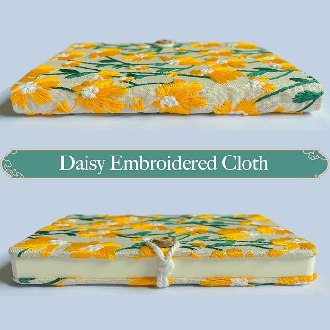 Daisy Gifts for Women, Flower Embroidered Journal, A6 Pocket Sketchbook, Small Unlined Notebook 4x6, Hardcover, Lay Flat, Cute Notebooks, Pretty Journal, Yellow Daisy