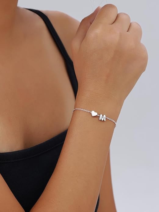 Silvora 925 Sterling Silver Dainty Initial Bracelet with Heart - 6.3" + 2" Adjustable Personalized 26 Letter Bracelet Jewelry Heart Bracelet for Women