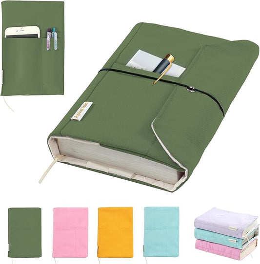 Canvas Book Covers, Washable Book Protector, Book Cover for Paperback Novels, Adjustable Book Cover for Hardcover with Pockets for Pen, Soft Cover Books, Book Lovers Gifts